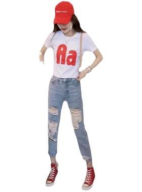 短袖t恤女2024夏季新款修身打底衫印花短款上衣+ins潮破洞牛仔裤