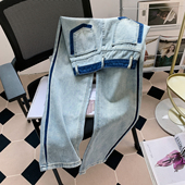 显瘦水洗撞色垂感宽松直筒裤 高腰阔腿牛仔裤 2024新款 薄款 子 女夏季