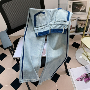 显瘦水洗撞色垂感宽松直筒裤 高腰阔腿牛仔裤 2024新款 薄款 子 女夏季