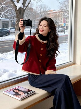 新中式国风红色毛呢外套女今年流行爆款复古撞色边高级感气质上衣