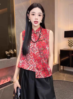 新中式国风无袖旗袍领衬衫上衣2025夏季新款红色小衫衬衣背心女装