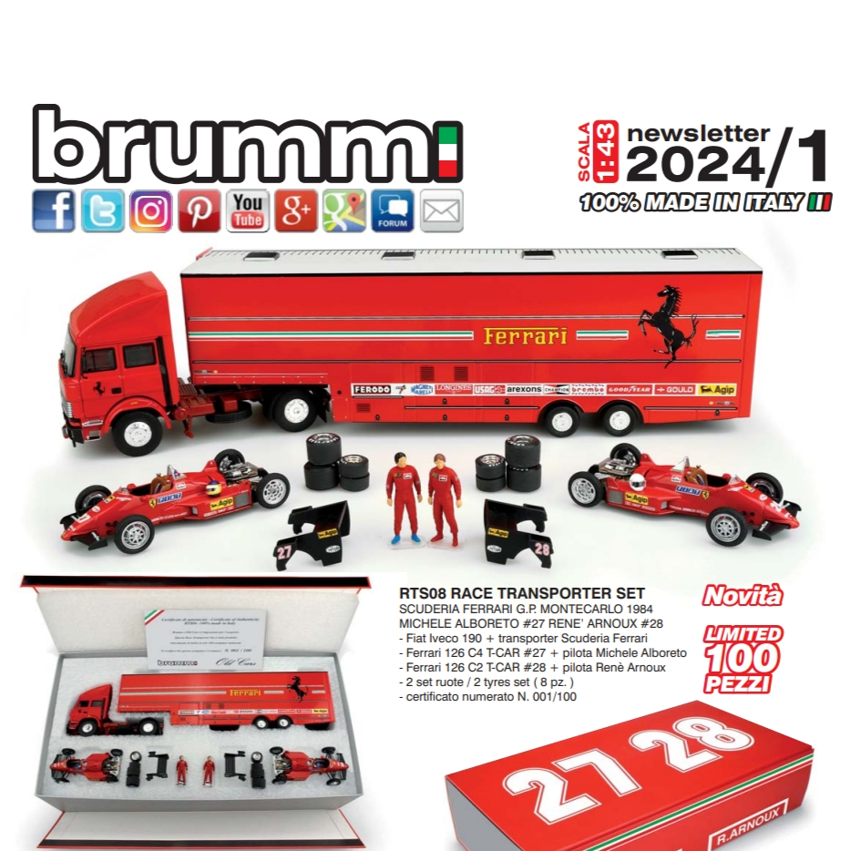 Brumm 1:43 1984法拉利F1赛车运输车人偶套装依维柯拖车收藏模型