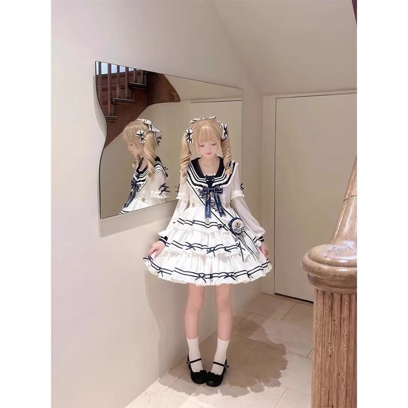 甜美海军风三段式白色lolita裙绶带可爱洛丽塔蛋糕裙日常甜美风