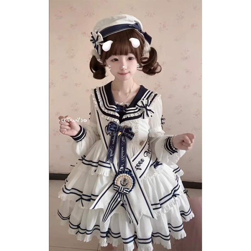 白色海军风少女三段式lolita裙op绶带徽章可爱公主裙洛丽塔甜美