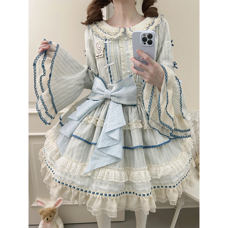 水色可爱少女感doll感op长袖lolita裙lo裙公主裙洛丽塔甜美风洋装