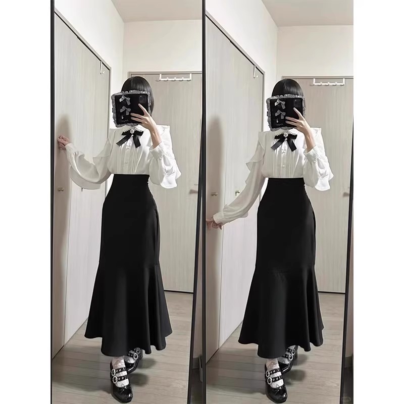 清楚系黑白量产型珍珠领蕾丝拼接小飞袖可爱衬衫女包臀鱼尾半身裙