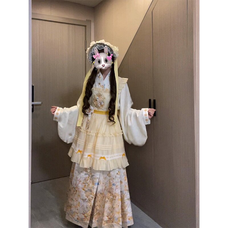 黄色汉洋折衷汉服女琵琶袖马面裙刺绣罩裙洛丽塔lolita裙闺蜜装