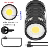 超亮18000流明LED潜水手电Cob防水100M白光蓝光红光USB充电D10灯
