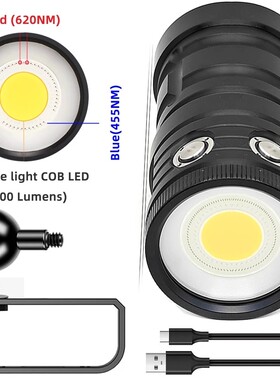 超亮18000流明LED潜水手电Cob防水100M白光蓝光红光USB充电D10灯