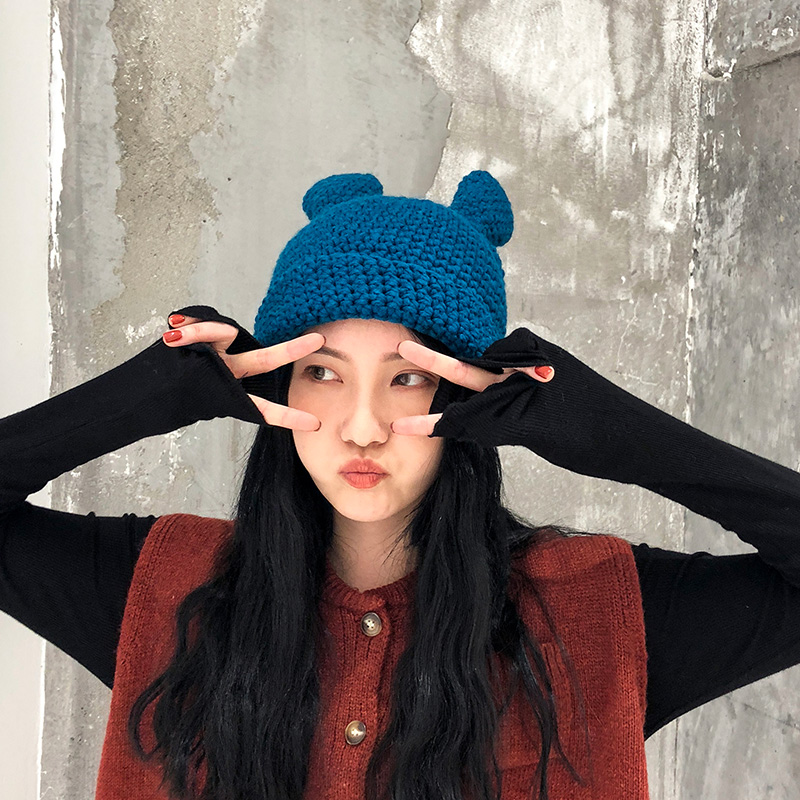 全手工钩针学生可爱兔耳朵毛线帽子女秋冬天复古保暖卖萌针织帽潮