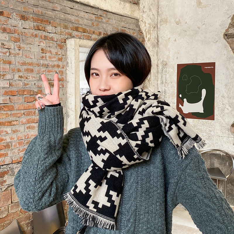 围巾女秋冬季新款英伦仿羊绒经典千鸟格子百搭长款保暖大披肩围脖