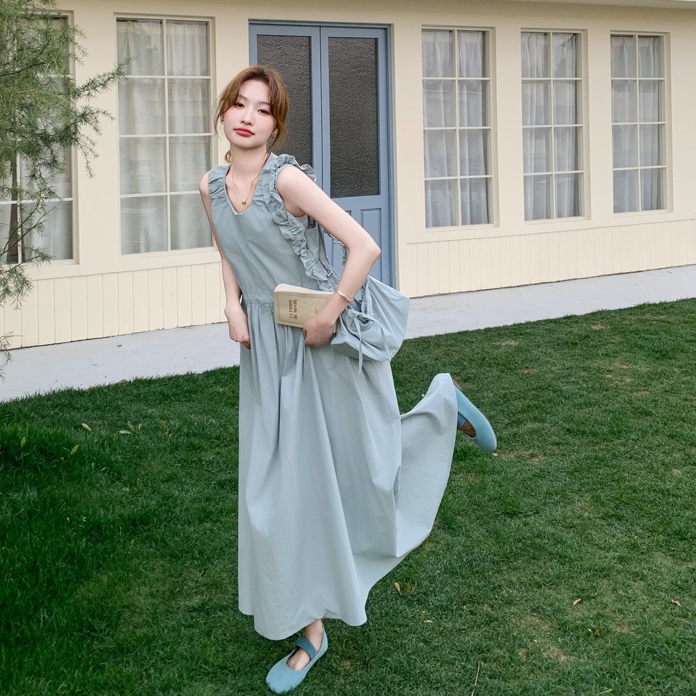 蓝色无袖背心连衣裙女2025夏季新款法式温柔风宽松减龄设计感长裙,女装连衣裙,慧峰