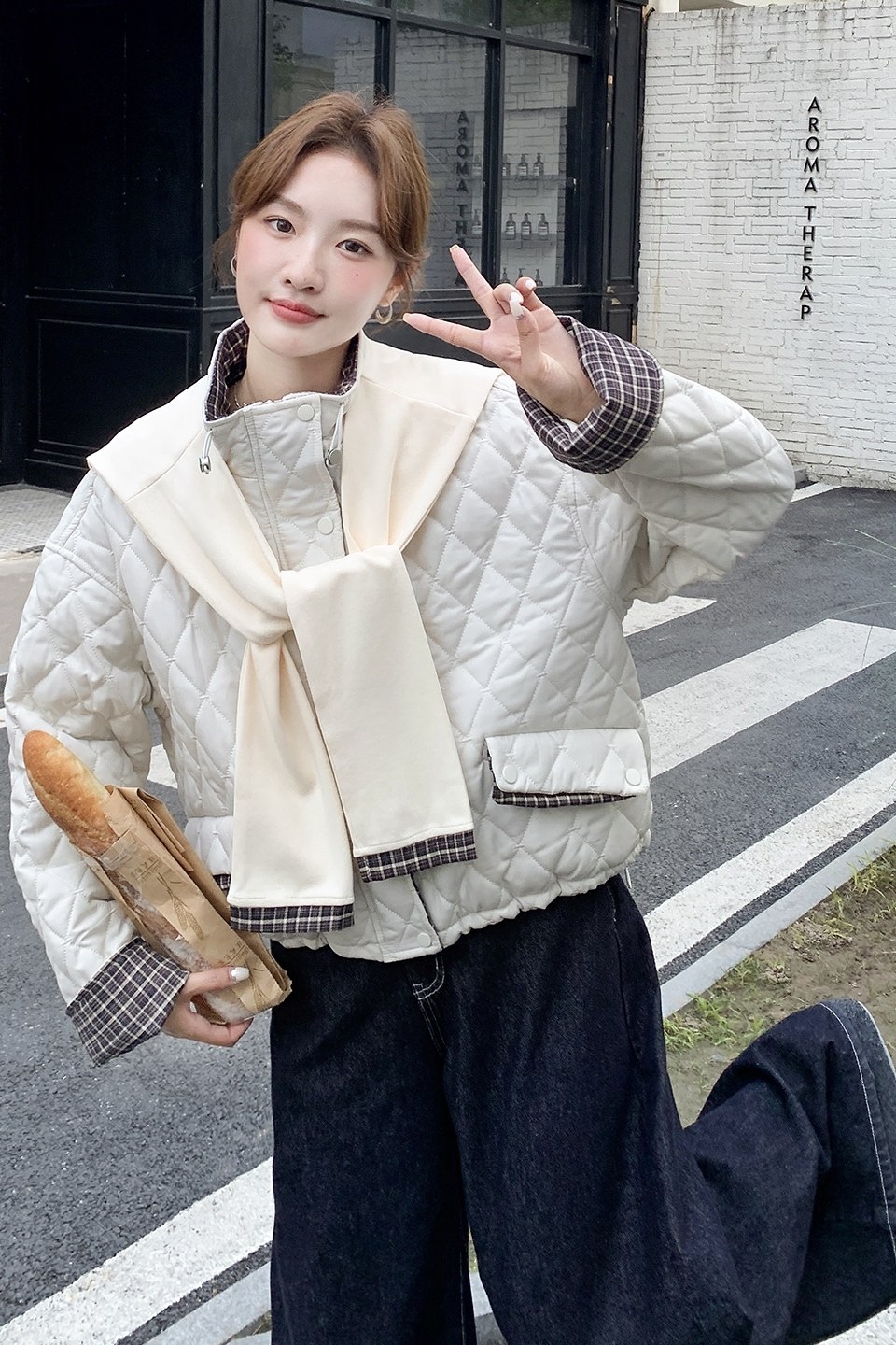 米白色菱格夹棉立领棉服女冬季2025新款韩系洋气浪漫防风保暖棉衣,女装短外套,慧峰