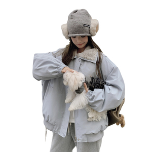 羊羔毛领羽绒服蓝色派克服女冬季2024新款白鸭绒工装外套加厚流行图片