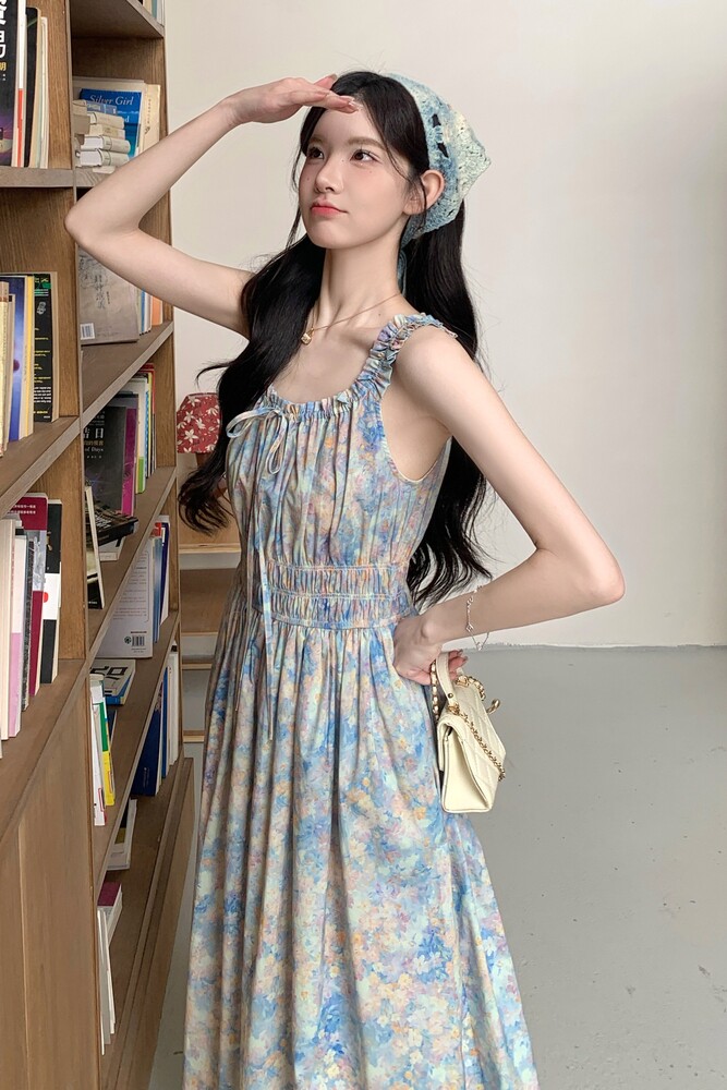 法式气质油画印花吊带裙连衣裙套装女夏2025新款独特漂亮绝美长裙,女装连衣裙,慧峰