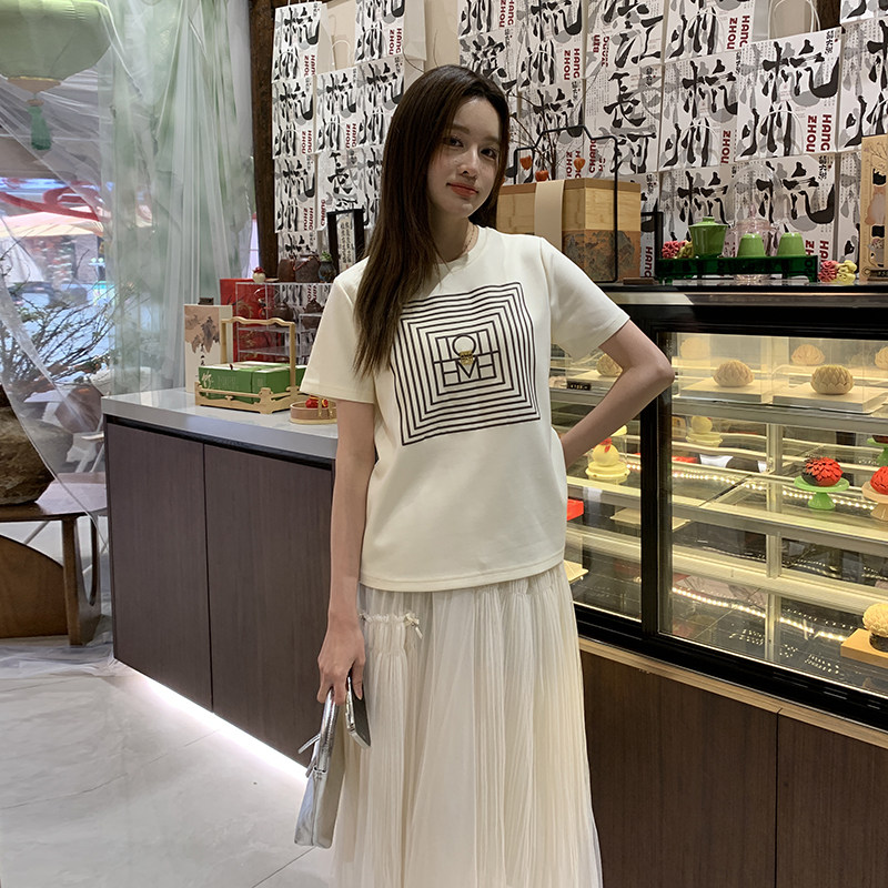 已出大货2025夏季有机棉前片方块印花,女装T恤,慧峰