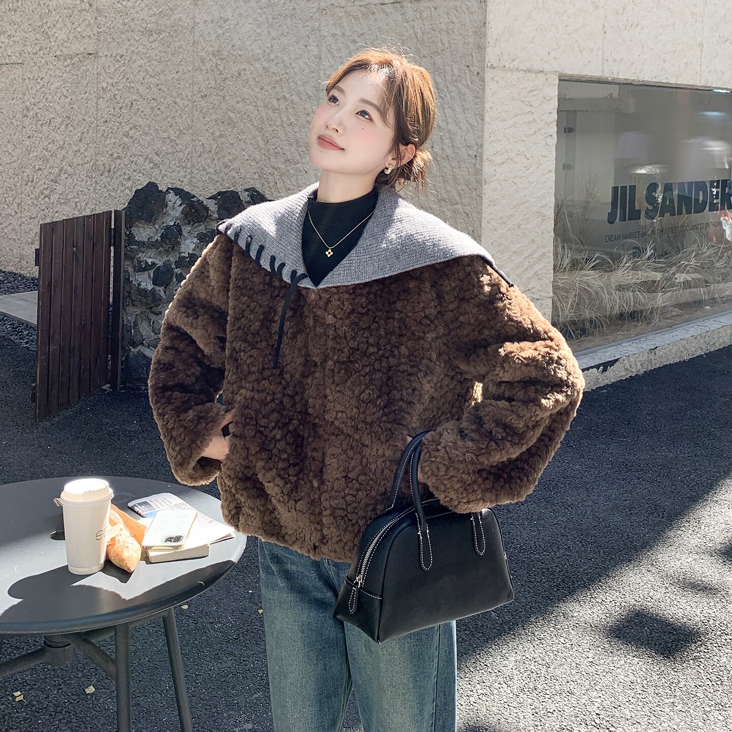 韩版针织海军领皮毛一体宽松外套女2025秋冬新款毛绒加厚保暖上衣,女装短外套,慧峰