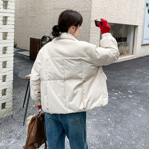 2025冬季新款羊羔毛翻领短款外套女冬季保暖拼接撞色皮毛羽绒服图片