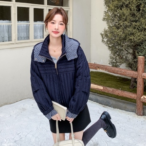 韩系复古蓝色连帽棉服外套女冬季2025新款小个子气质超火棉衣棉袄图片