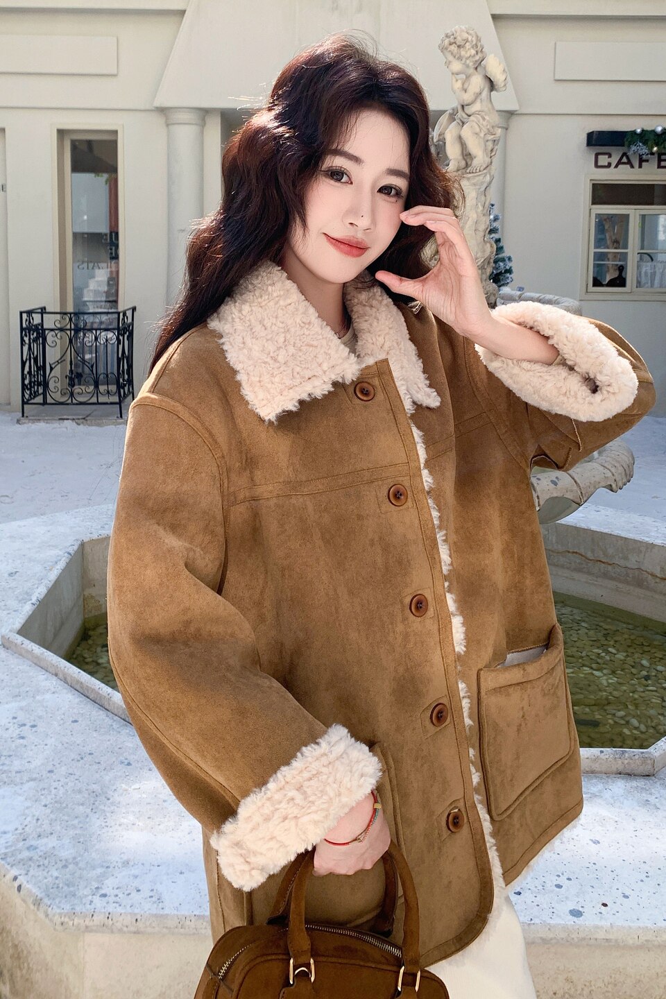 韩系双面穿羊羔毛外套女冬季皮毛一体加厚保暖麂皮风短外套,女装短外套,慧峰