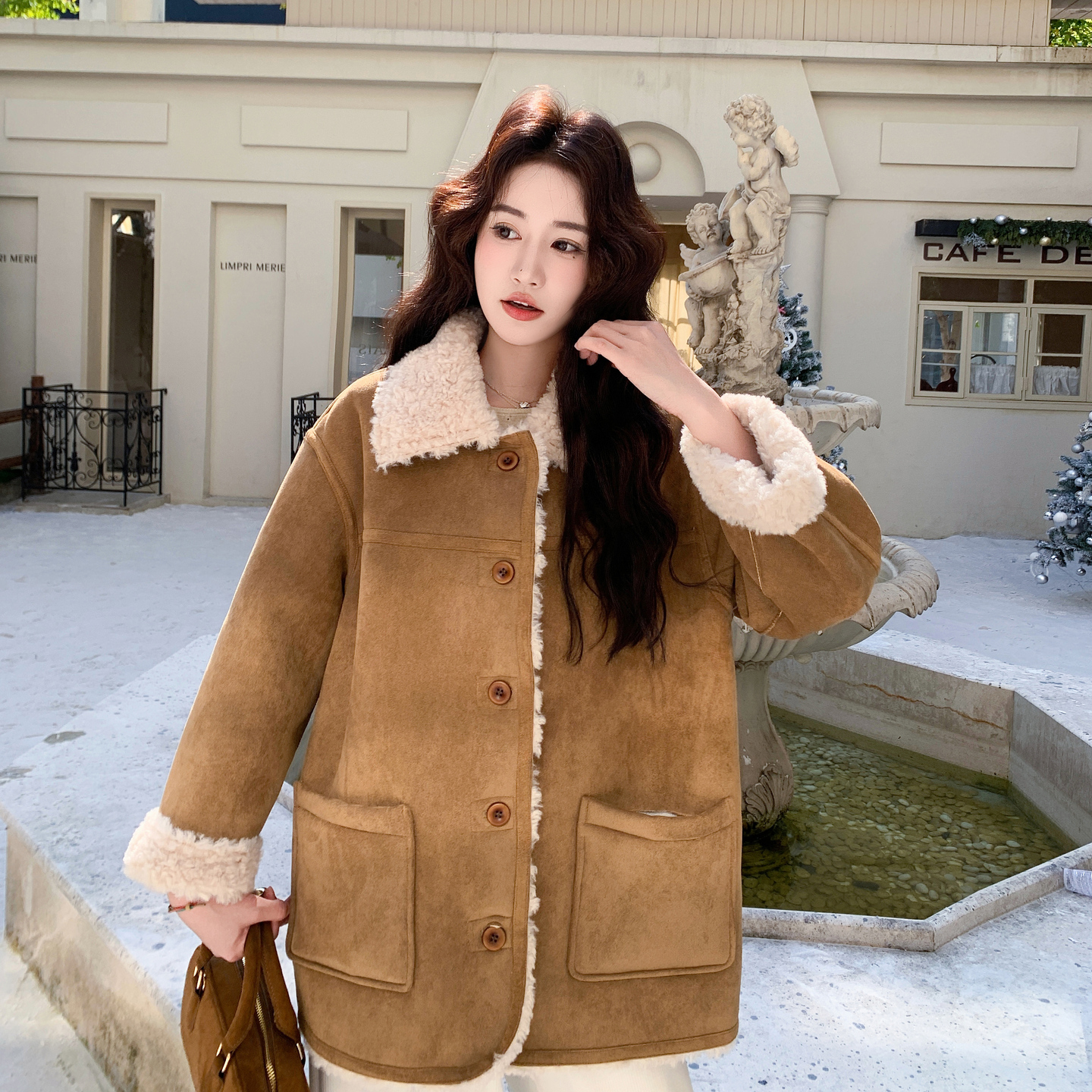 韩系双面穿羊羔毛外套女冬季皮毛一体加厚保暖麂皮风短外套，女装短外套，慧峰
