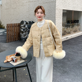 2025冬季新中式毛毛袖口短外套女冬季千金感圆领纽扣羽绒服外套，女装短外套，慧峰