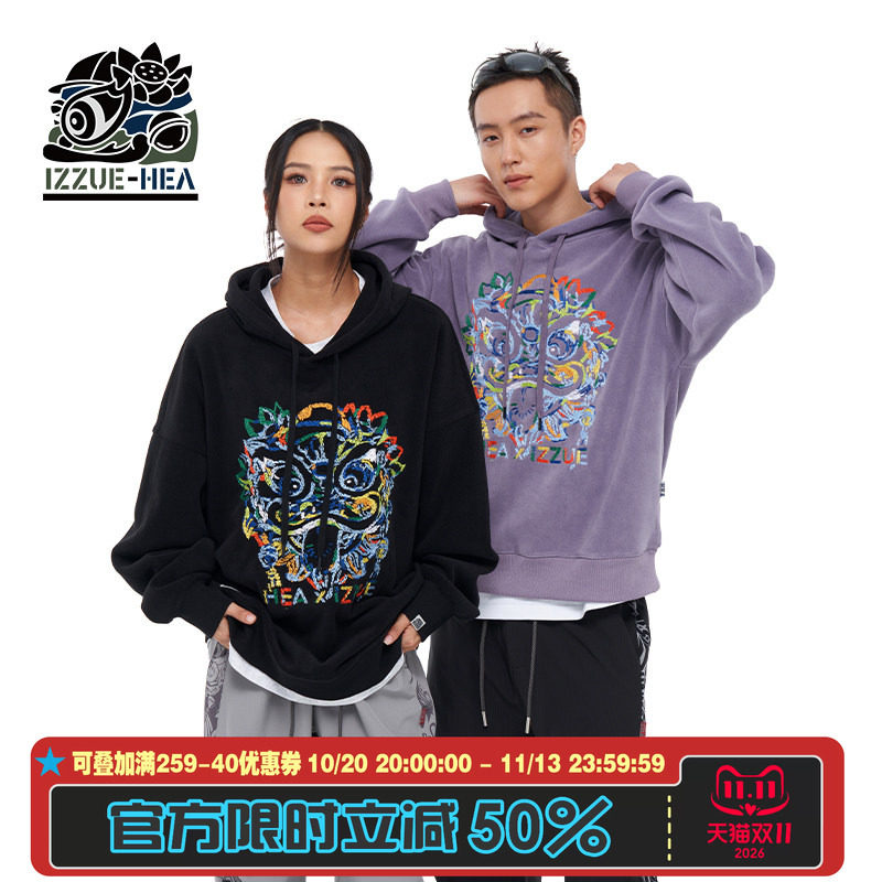 潮牌醒狮狮头连帽长袖卫衣情侣装