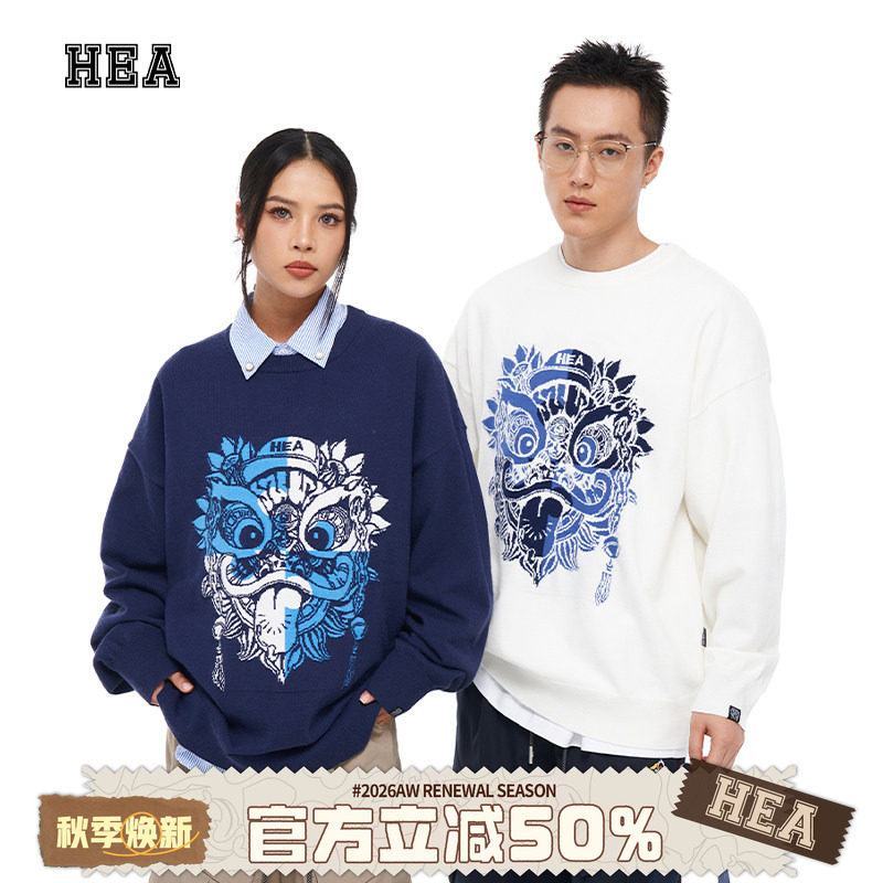 HEA毛衣男女秋冬新款经典拼图大狮头保暖复古套头针织毛衣情侣装