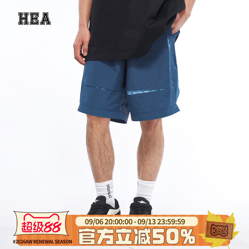 HEA 潮牌休闲短裤撞色设计五分裤拼接抽绳运动透气宽松直筒情侣款