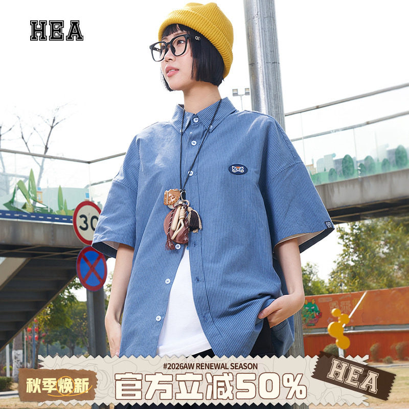 HEA 经典潮牌竖条纹短袖衬衫复古休闲棉感翻领叠穿百搭男女同款图片