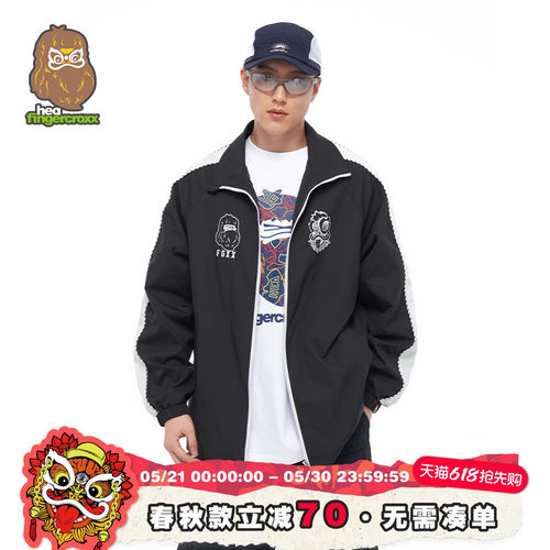 国潮醒狮拼接印花夹克外套男宽松
