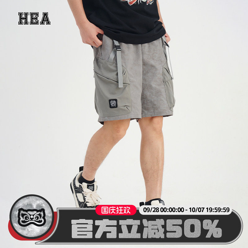 HEA  醒狮街头潮牌休闲短裤百搭纯色休闲裤复古拼接运动工装短裤图片