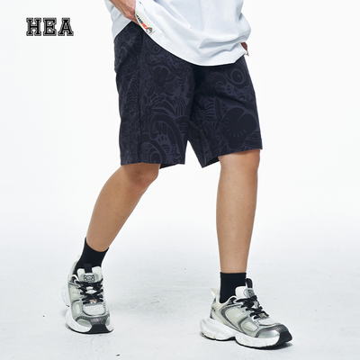 HEA 经典满印醒狮国潮新款短裤简约五分裤运动男棉感暗纹休闲通勤