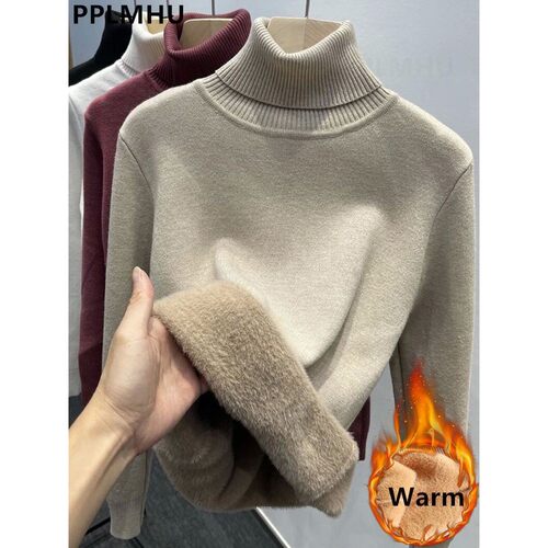 Thicken Velvet Turtleneck Sweater Women Korean Fashion Lined