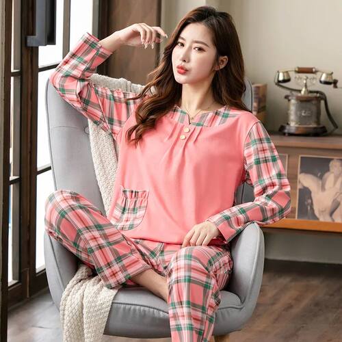 Pyjamas Female Lattice Stitching Pure Cotton Fashion Women L