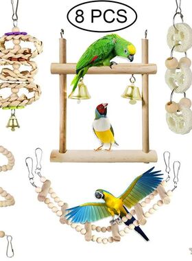 8PCS Set Combination Parrot Bird Toys Wood Articles Bite Pet
