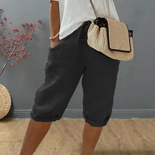 Women Cotton Linen Shorts Vintage Loose Wide Leg Trousers Dr