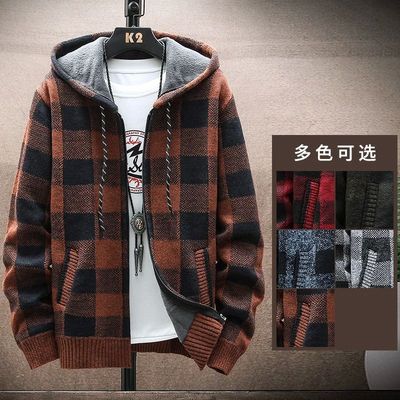 Men's New Winter Plaid Sweater Hooded Cardigan Cold Coat Woo
