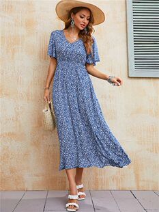 Women Boho Ladies Dress Print Summer Casual Vintage Blue Ela