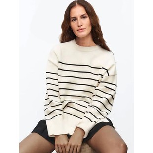 Beige Stripe Baggy Sweater Women Pullover Streetwear Long Sl