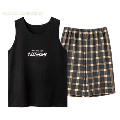 Summer Men Pyjamas Knited Cotton Plaid Pajamas Set Casual Sl