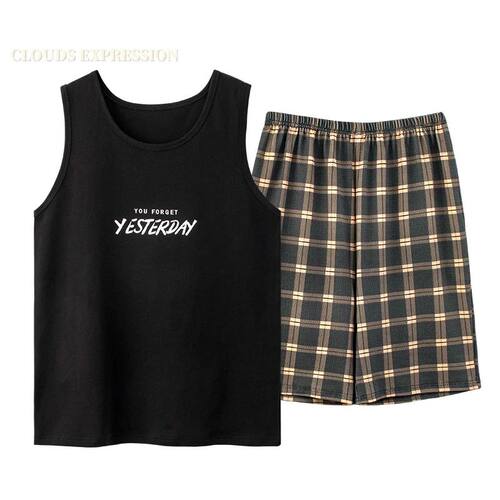 Summer Men Pyjamas Knited Cotton Plaid Pajamas Set Casual Sl