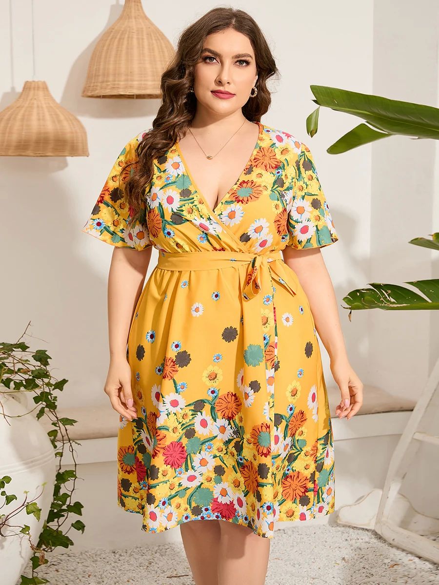 4xl 5xl Plus Size Midi Dress Women 2023 Summer V Neck Short 女装/女士精品 连衣裙 原图主图