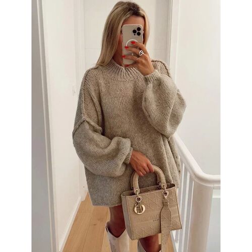 Fashion Round Neck Knitted Jumper For Women 2024 Autumn Long