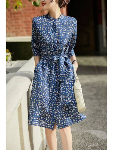 Heavy Silk Dress 2023 Summer New Printed Stand-up Collar Sil