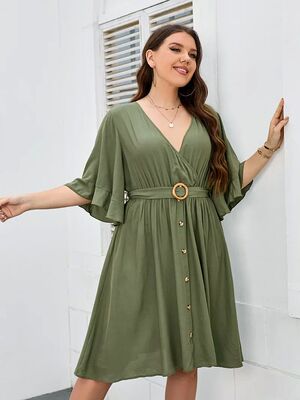 Plus Size Summer Dress for Women Wrap V Neck Ruffle Sleeve S