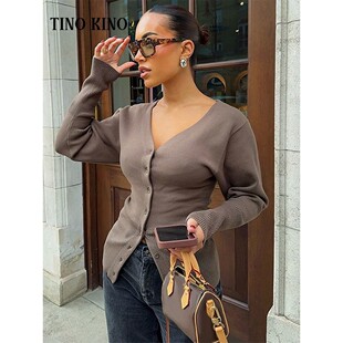 neck Slim Long Knitted Sleeve Solid Women Casual Cardigan