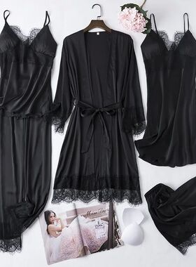 Black 5PCS Lace Satin Robe Gown Sets Sexy Womens Nighty Bath