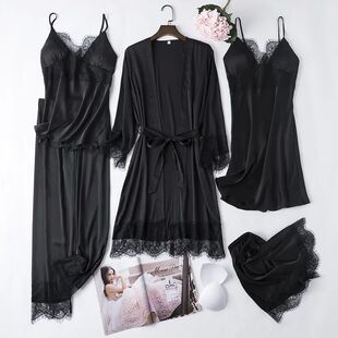 Sets Bath Lace Nighty Womens Sexy Gown Robe Satin 5PCS Black