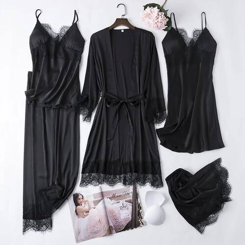 Black 5PCS Lace Satin Robe Gown Sets Sexy Womens Nighty Bath